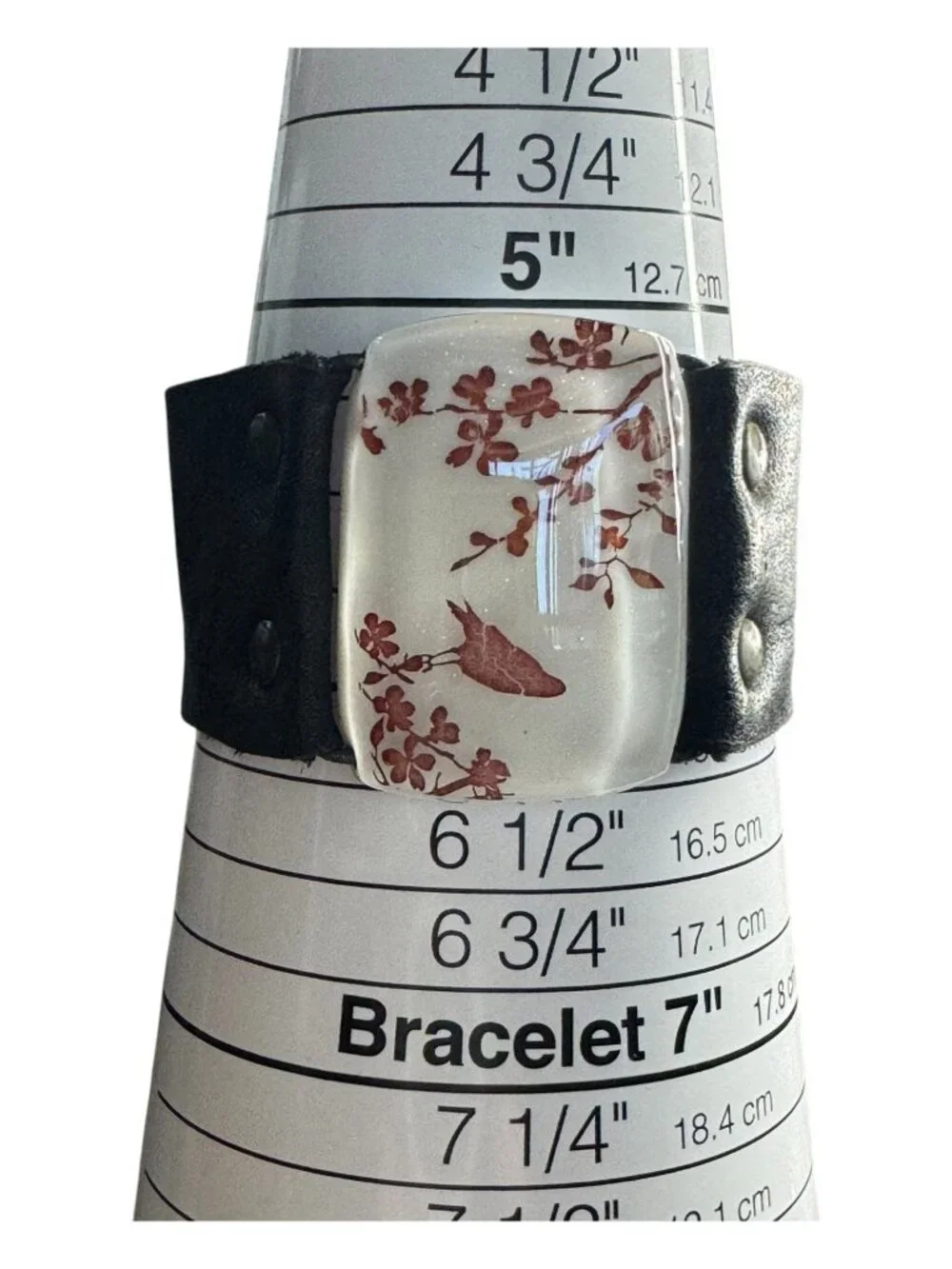Leather Cuff Bracelet With Ceramic Bird & Floral Design Adjustable Snap Closure